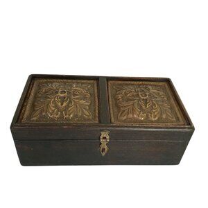 Vintage Wooden Keepsake Box Brass Tile Lid Arts & Crafts Style